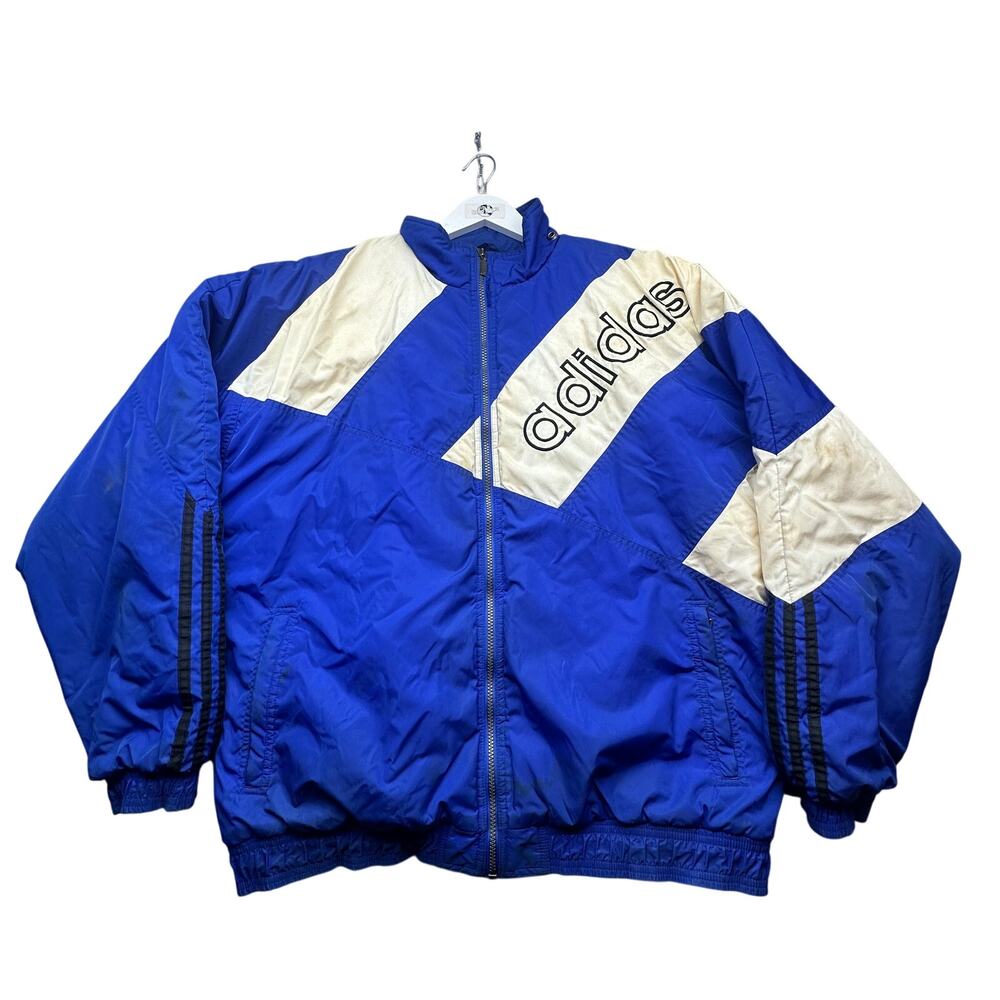 Vintage 90s Adidas Big Logo Blue Puffer Jacket Mens Large Soccer Quilt Lined Zip
